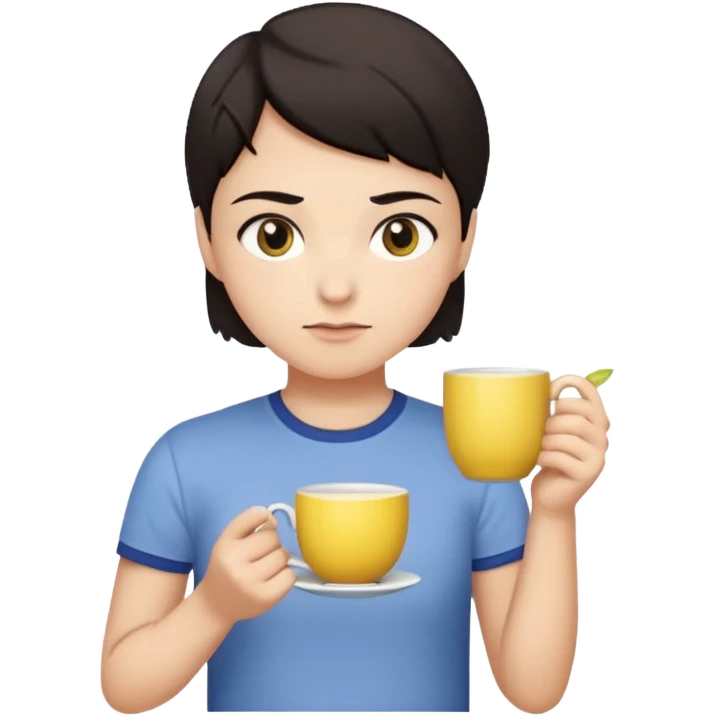 человек с короткими тёмными волосами и круглым лицом. У него спокойное, нейтральное выражение лица, тёмные глаза, аккуратные брови. Он стоит прямо на фоне светлой стены. На нём светлая футболка с небольшим рисунком. В целом образ выглядит простым и аккуратным. В руках чай с лимоном emoji