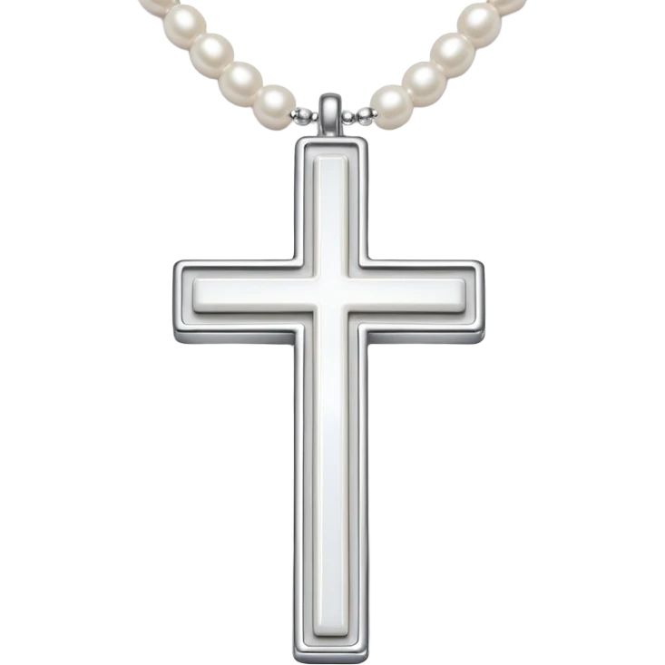 Elegant emoji icon of a white cross made of white beads, glossy surface, and white bead chain subtle shadows, pure white palette emoji
