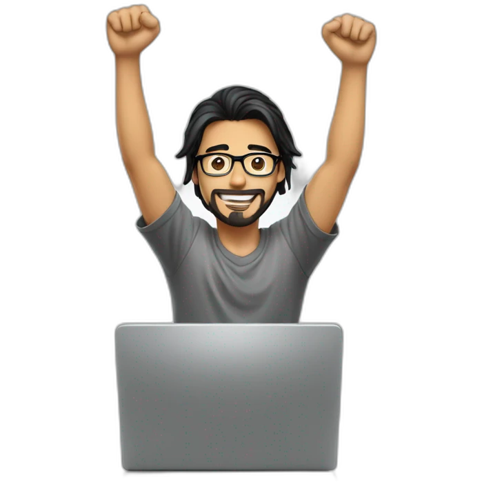 a young man with long black hair, with goatee, wearing glasses sitting with a computer, his arms up, cheering emoji