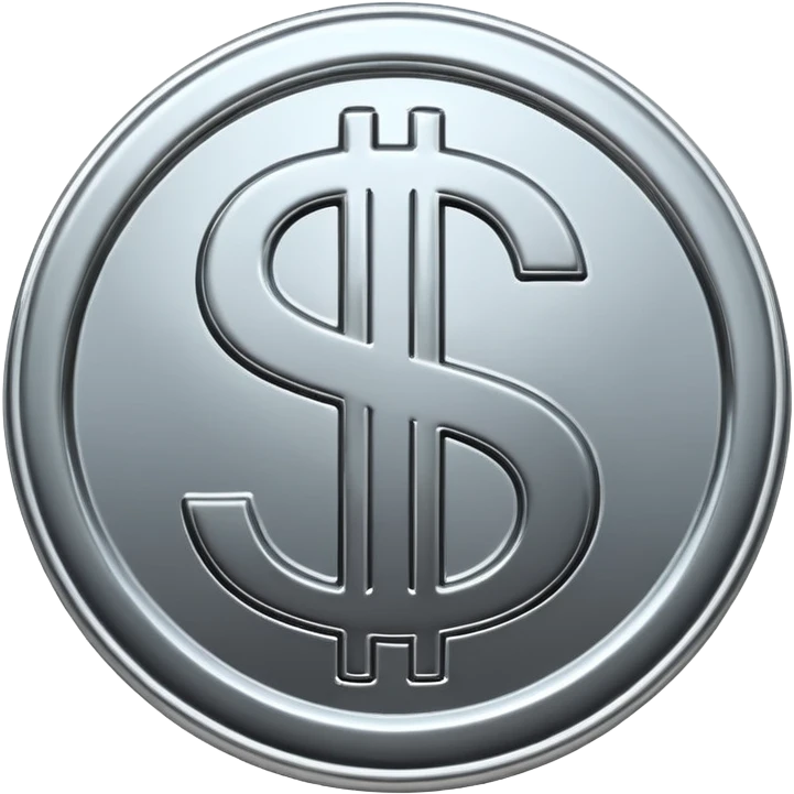 A double dollar sign emoji made of polished silver chrome, smooth metallic surface, glossy reflections, luxury swag vibe, minimal iOS emoji style, centered on white background emoji