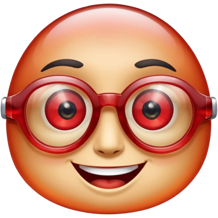 A single crystal gemstone character wearing glasses, chunky and irregular with faceted very sharp sides, [red], big glossy eyes behind the glasses and a wide happy smile, , high detail, soft lighting, centered on a plain dark background emoji