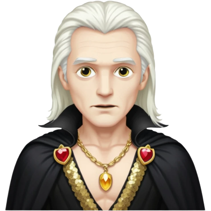 Dracula with long white hair, black sequin baggy pants, shirtless with necklace, black sequin cape emoji
