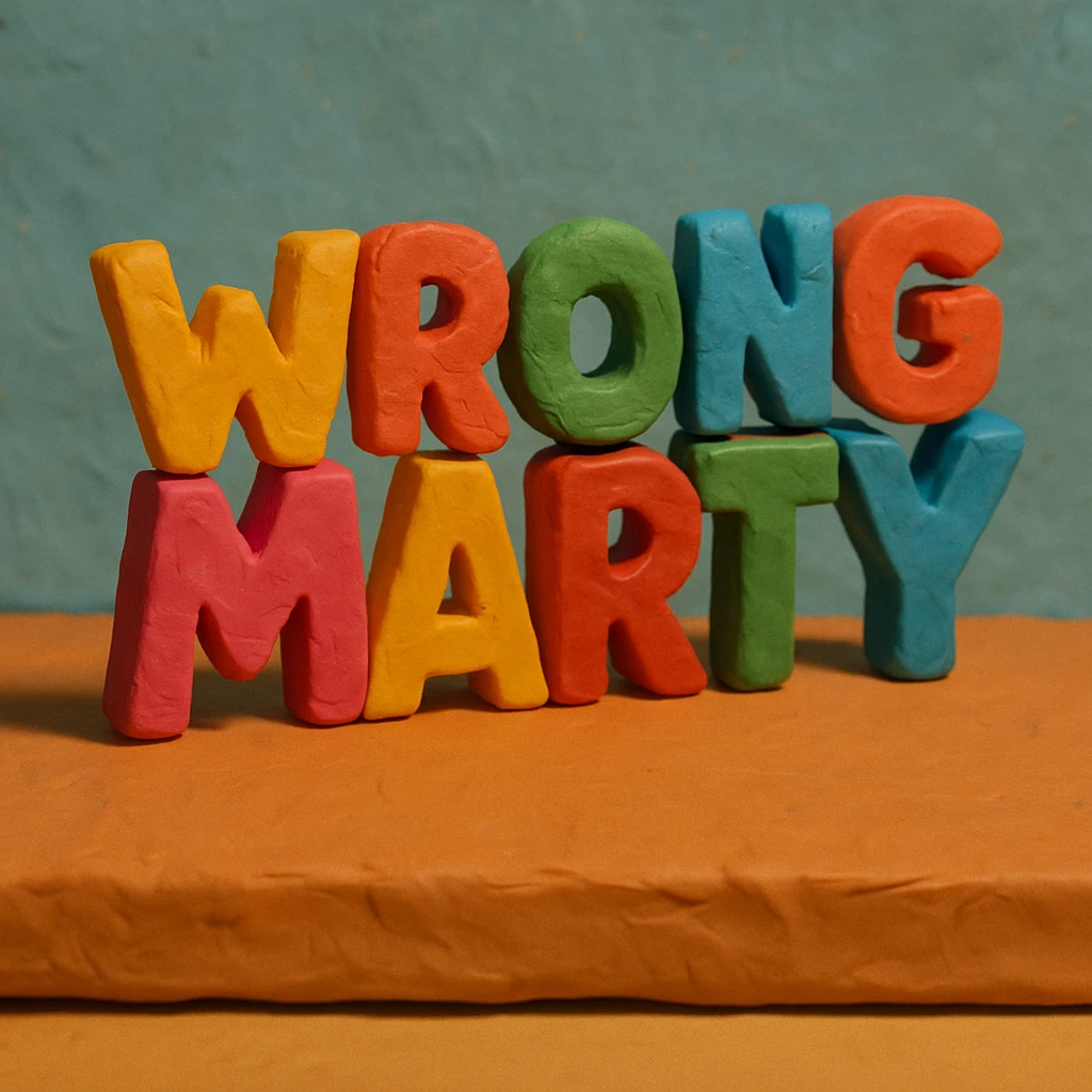 'Wrong Marty' flashy 3D text, sculpted and colorful claymation style emoji