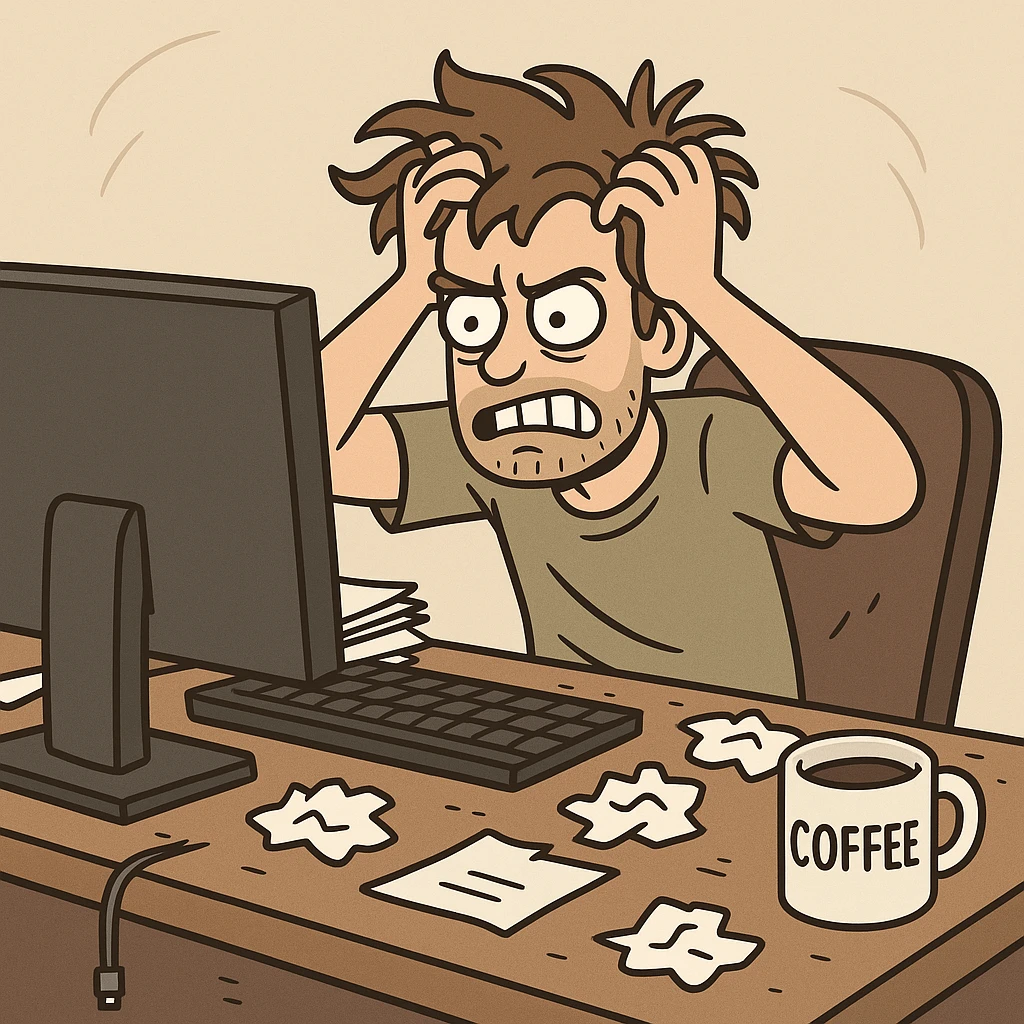 frustrated developer at work sitting at a desk with a computer hands in hair stressed expression messy workspace coffee mug cartoon style emoji