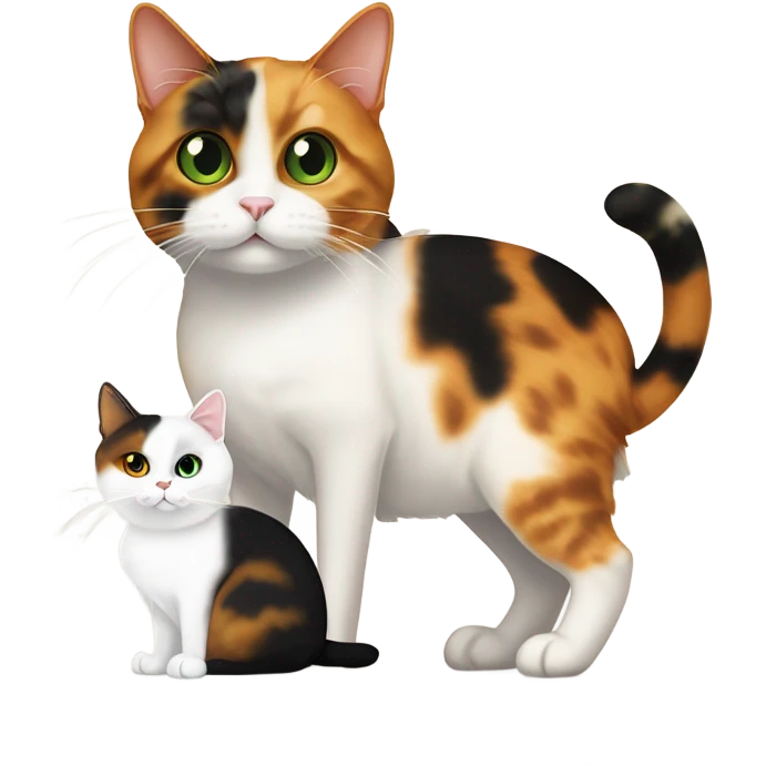 caliby-and-white cat with white paws and green eyes, next to a skinny dark tortoiseshell cat with orange eyes and a cream colored marking above its mouth emoji