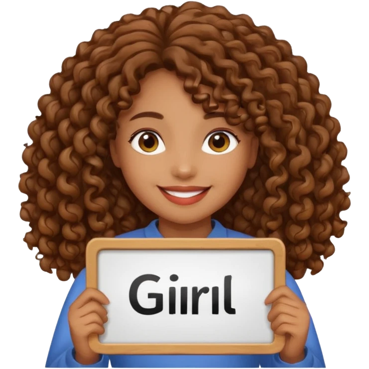 A girl with medium brown skin and long curly holding a sign saying good girl emoji
