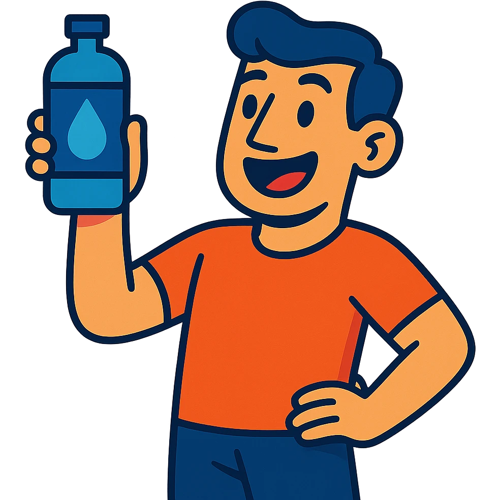a man with a water bottle, water drop logo on the bottle, vibrant toon style emoji