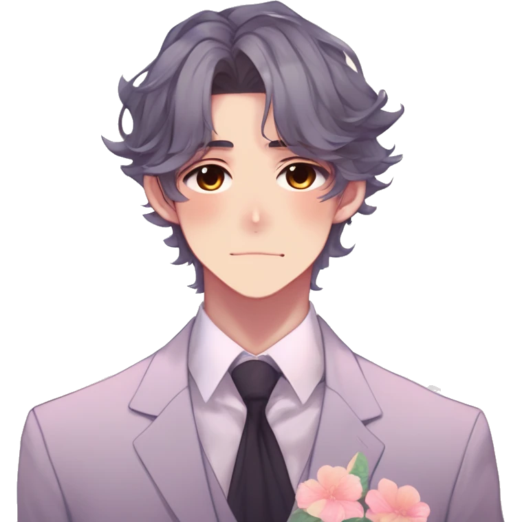 Gorgeous romantic hot attractive anime style formal modern gentlemanly anime shojo guy with pretty hair and flower petals and blushing face aesthetic trending style with colorful gradient colors  pastelcore cottagecore kawaiicore emoji
