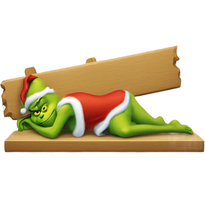 The Grinch laying on a wooden plus sign emoji