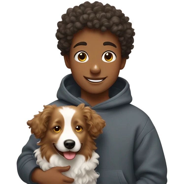 A happy curly-haired boy in a sweatshirt holds a border collie emoji