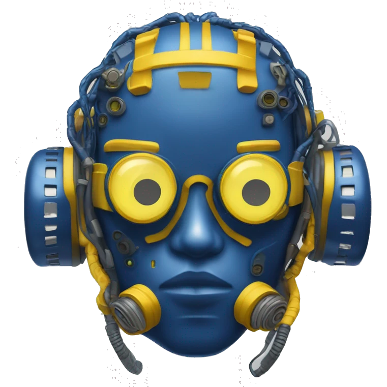 Dark Blue curly hair cyborg head with yellow respirator mask and circuitry emoji