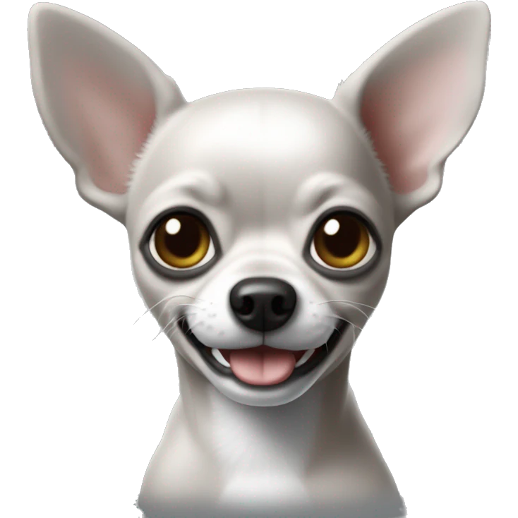 Emoji de un erro chihuahua sonriedo color gris con orejas un poco grnde emoji