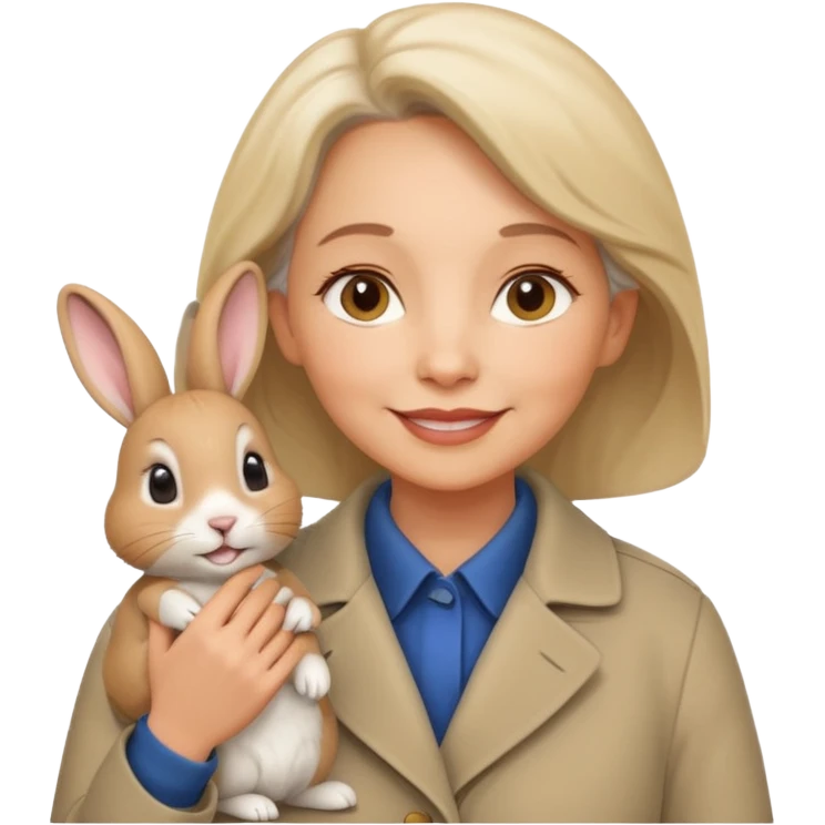 Older female vet – gentle smile, coat, checking rabbit  emoji