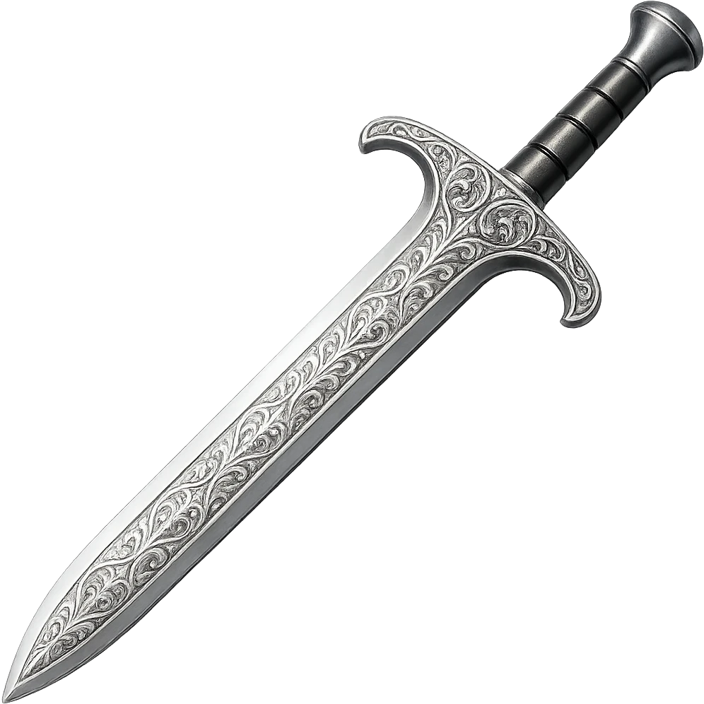Engrave this steel sword with elegant silver engravings, keep it crisp, shiny, and slightly fancier than iron, realistic metallic steel, emoji style. Transparent background. emoji