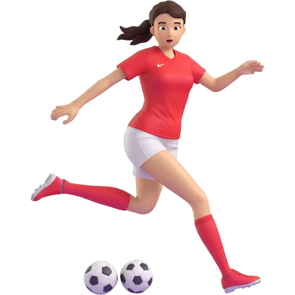 woman playing soccer, wearing a red shirt, energetic pose, clear soccer ball, dynamic action emoji