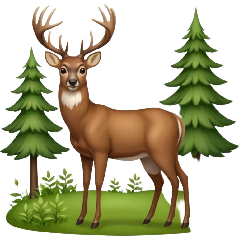 Whitetail buck standing on a hillside with trees and brush in the background. emoji
