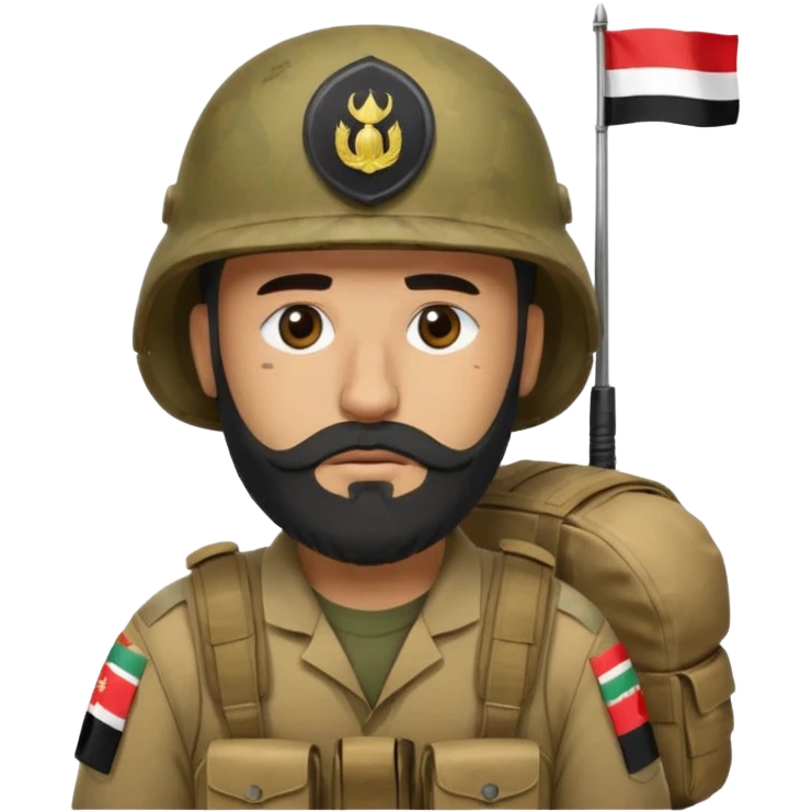A very tired and sad, swarthy Iraqi soldier with a beard, an Iraqi flag on his helmet, a sad expression and bags under his eyes emoji