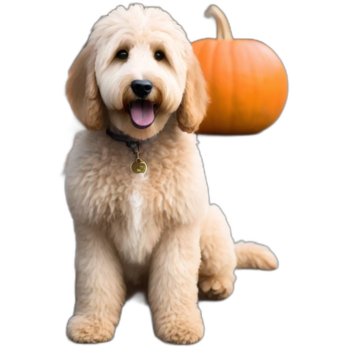 A goldendoodle with black and grey spots, sitting by a jackolantern emoji