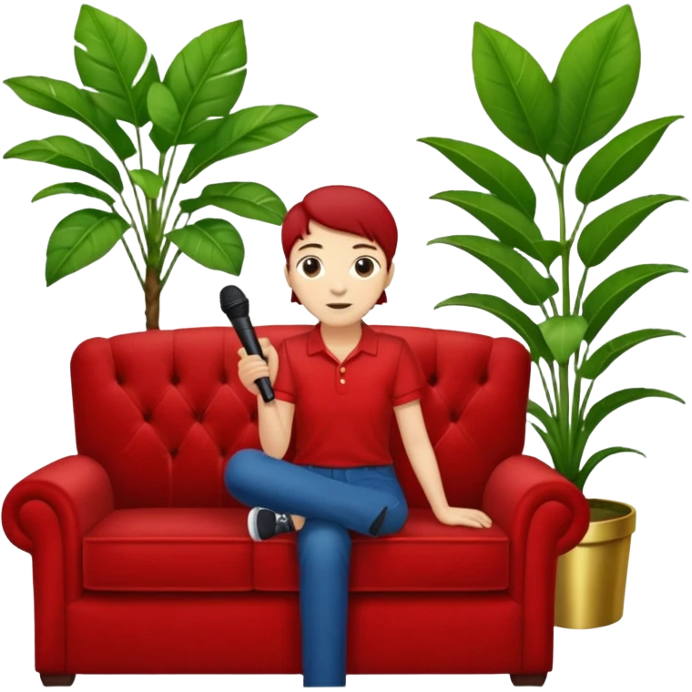 red velvet luxury couch with a single stand mic in front and houseplant in back emoji
