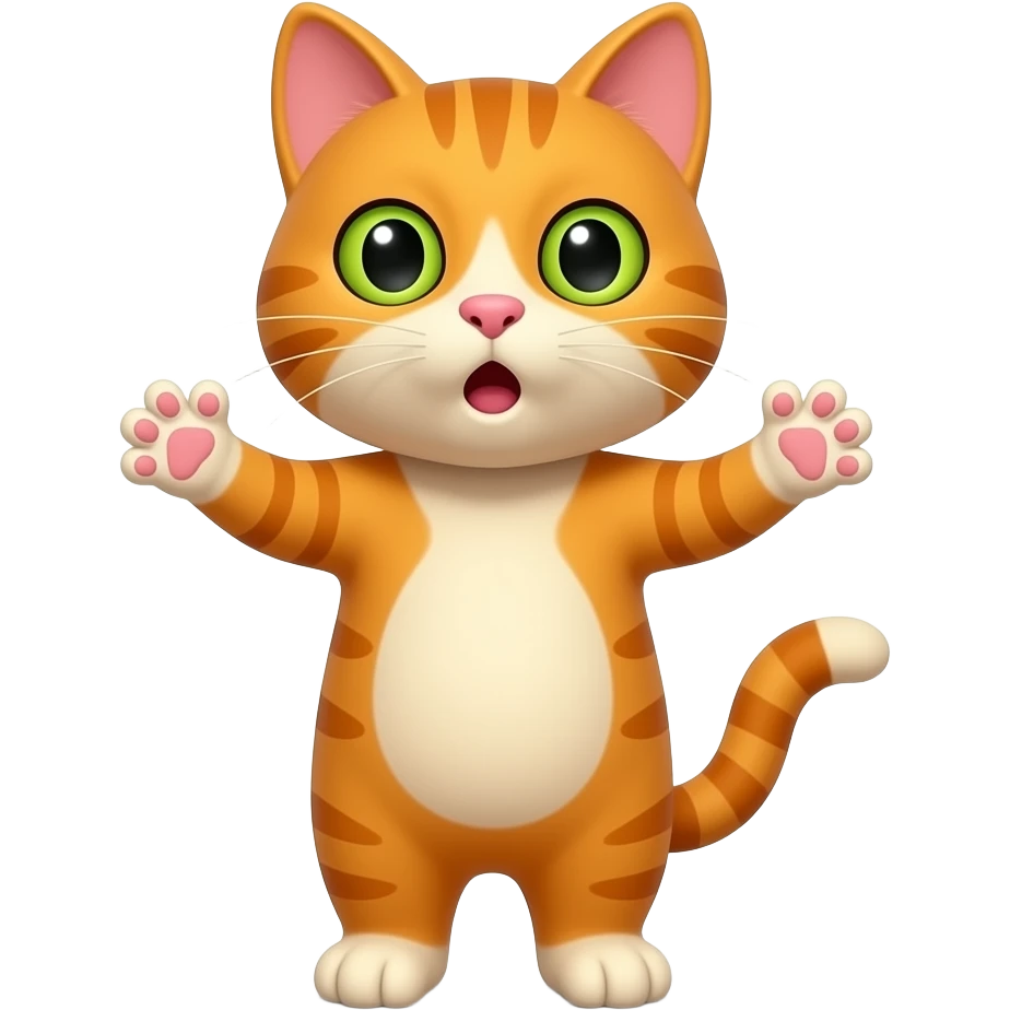 An orange cat standing upright, with hands and arms like a little person, looking very surprised. emoji