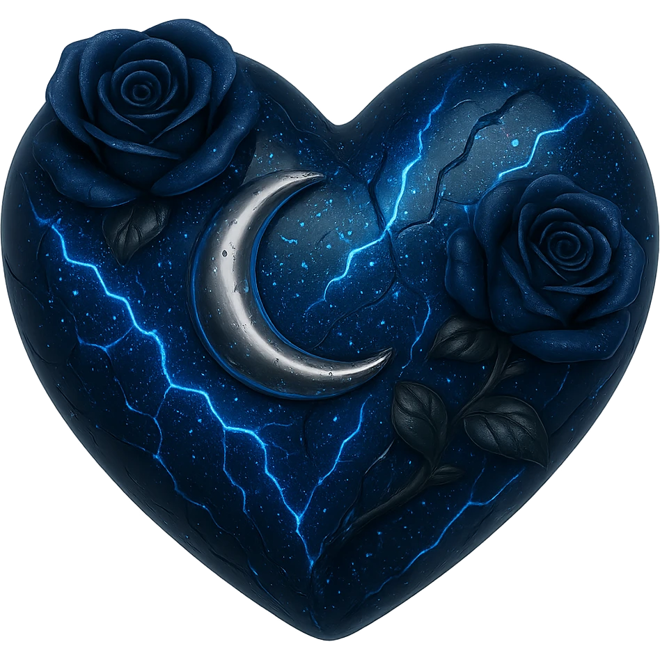 Edit the image to depict a blue gothic heart made of deep blue glass with a silver crescent moon, blue-black roses, iridescent stardust, neon blue lightning, wet and splintered glass texture. The style should resemble 3D emoji style. Remove the background. emoji