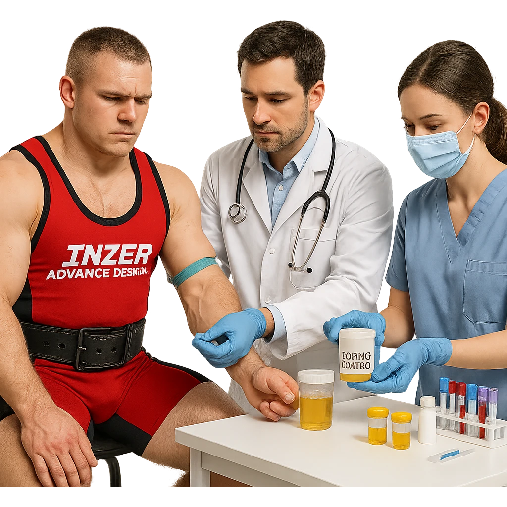 European powerlifter in federal competition, wearing competition clothing, undergoing anti-doping controls, medical staff present, realistic atmosphere, laboratory details, isolated on white background emoji