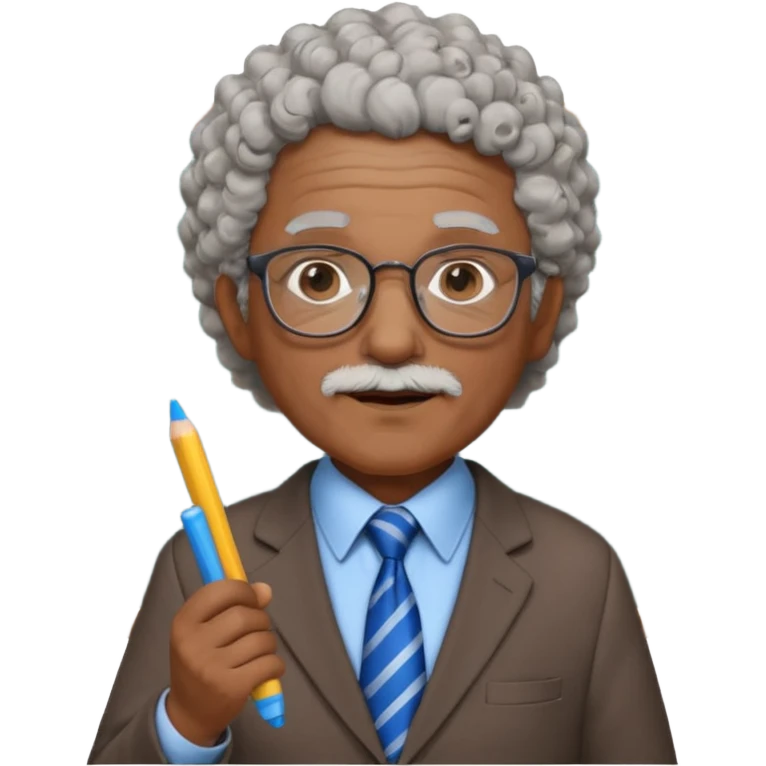old man teacher, brown skin, curly grey white hai, wearing glasses, brown suit, blue tie hold chalk on hand emoji