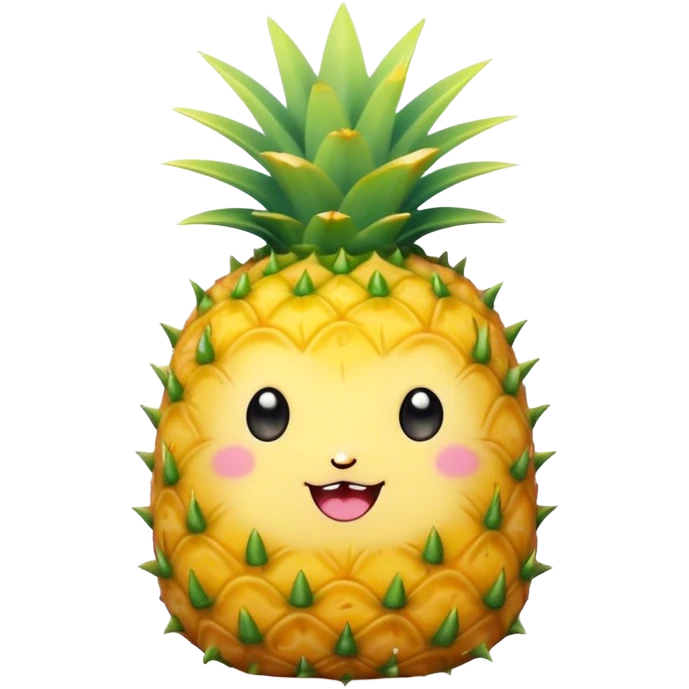 Cute Kawaii Pineapple, tiny and round, bright golden yellow with a spiky green top, chubby cheeks, playful winking expression, soft pastel textures, sweet and tropical vibes! emoji