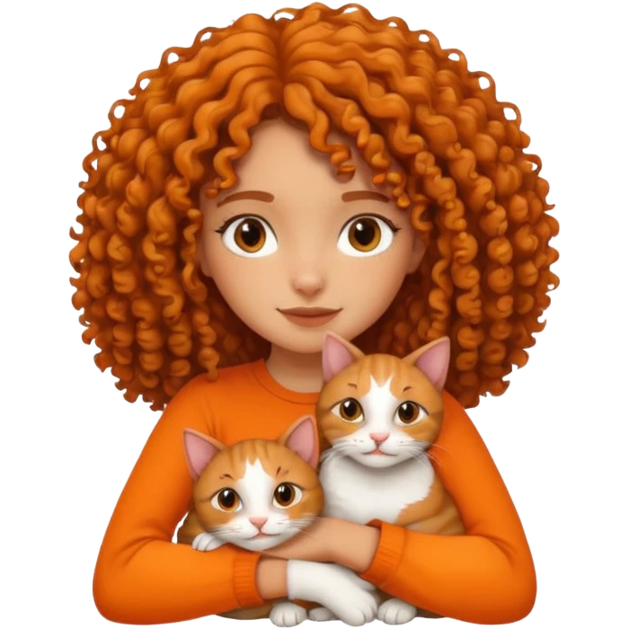 Tanning curly girl hugging two cats black and orange  emoji