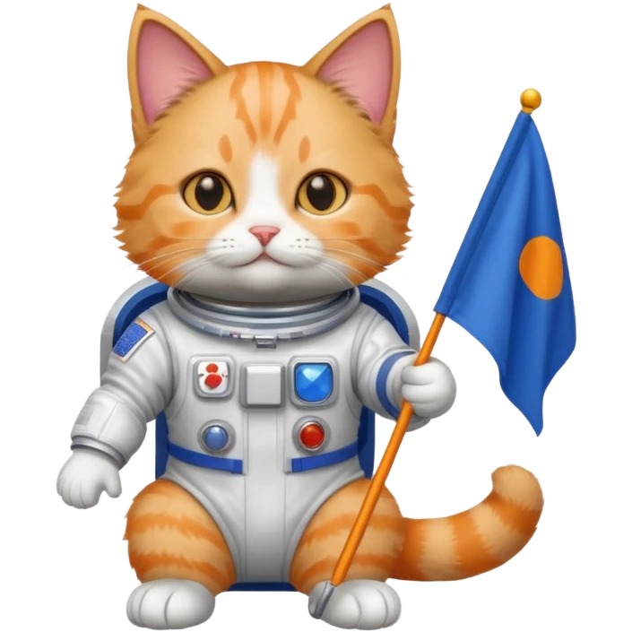a cat in space suit, holding blue rectangle flag emoji