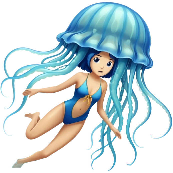 dangerous jellyfish with long stinging tentacles approaching a swimmer in the ocean emoji