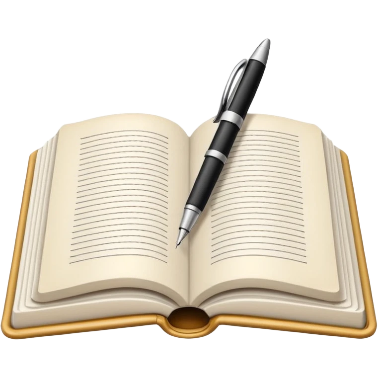 "A white open book,The pen should be positioned as placed exactly in the center between the pages.  if held by a right-handed person - meaning the direction is reversed compared to a left-handed grip. The pen should be uncapped, and the cap placed behind it." Create me a Digital emoji emoji