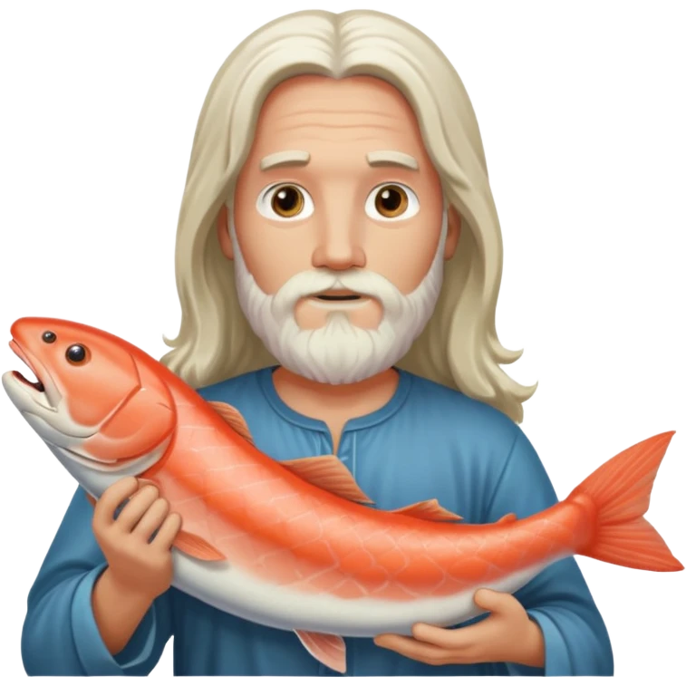 a white Jesus with a long beard holding a salmon emoji