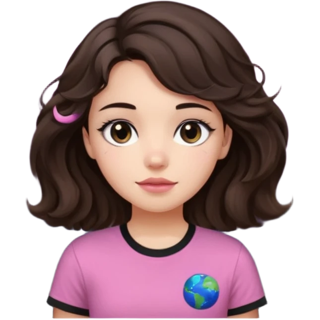 I want to design a girl with wavy hair that is dark brown, close to black And you wear a T-shirt Its color above the neck and sleeves is black The bottom is white, with a star and the planet Saturn on it Her eyes are also dark brown, and her cheeks are pink emoji