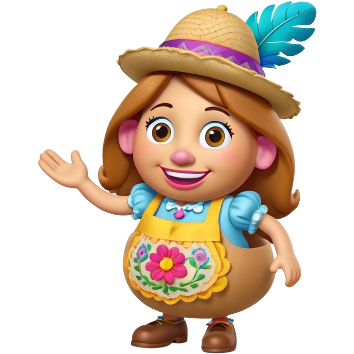 Create a 3D Pixar-style Mrs. Potato Head character with a rounded, slightly uneven shape, expressive eyes, a wide smile, and cartoonish limbs, dressed in a colorful apron with intricate embroidery, a vibrant hat adorned with a feather emoji