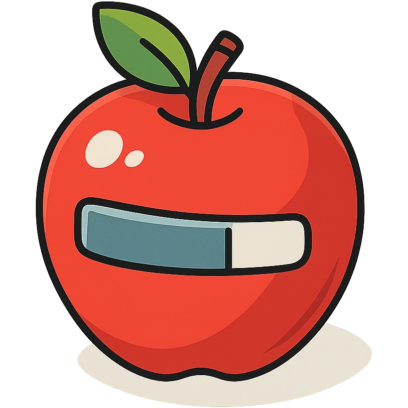 a glossy red apple with a green leaf on top, featuring a digital-style progress bar across its surface, partially filled to 60%, pure white background emoji
