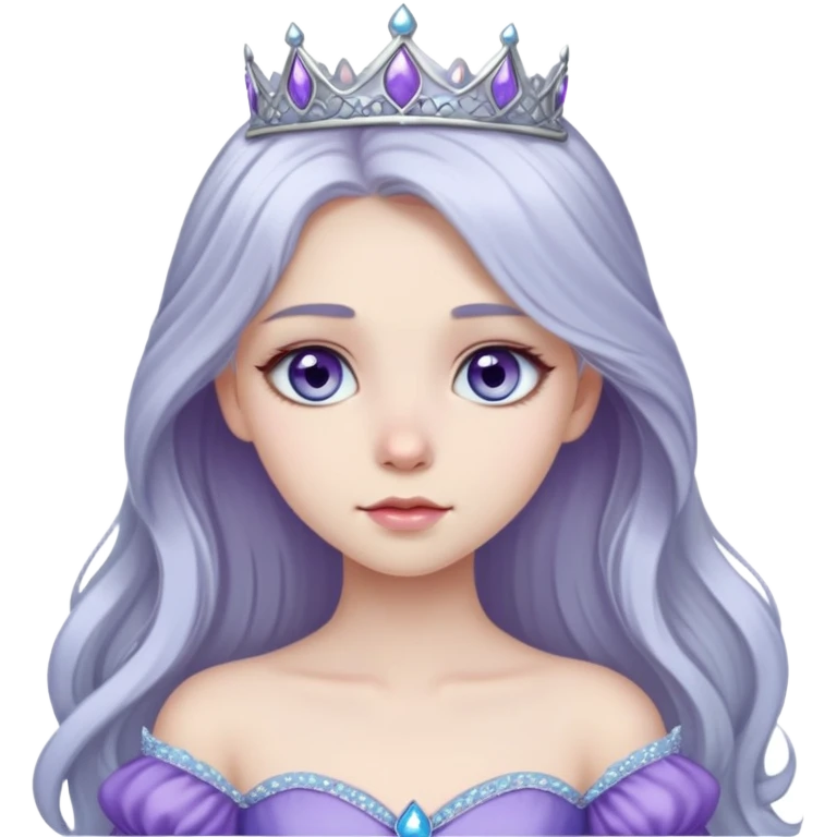 long haired girl with silver hair color and pale skin, she has a sky blue eye color and she's wearing a purple princess gown emoji