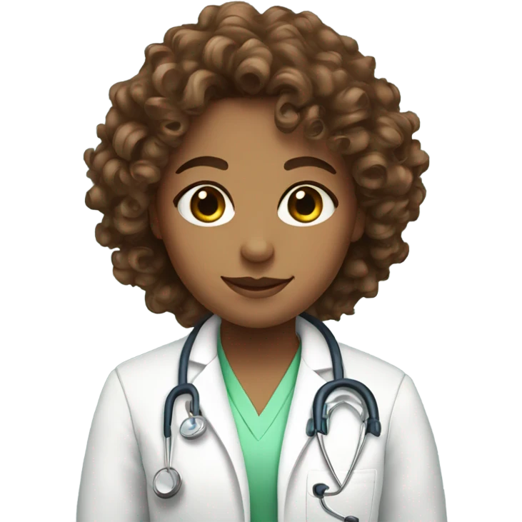 Light green eyes, brown curly hair, doctor girl emoji