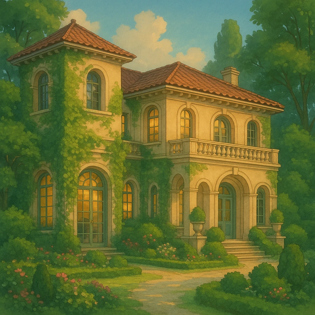luxury dream house, elegant architecture, lush garden, soft lighting, ghibli style emoji