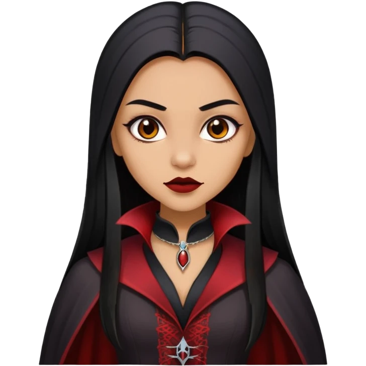 A girl with long black straight hair and warm tan medium brown skin color emoji traditional vampire version emoji