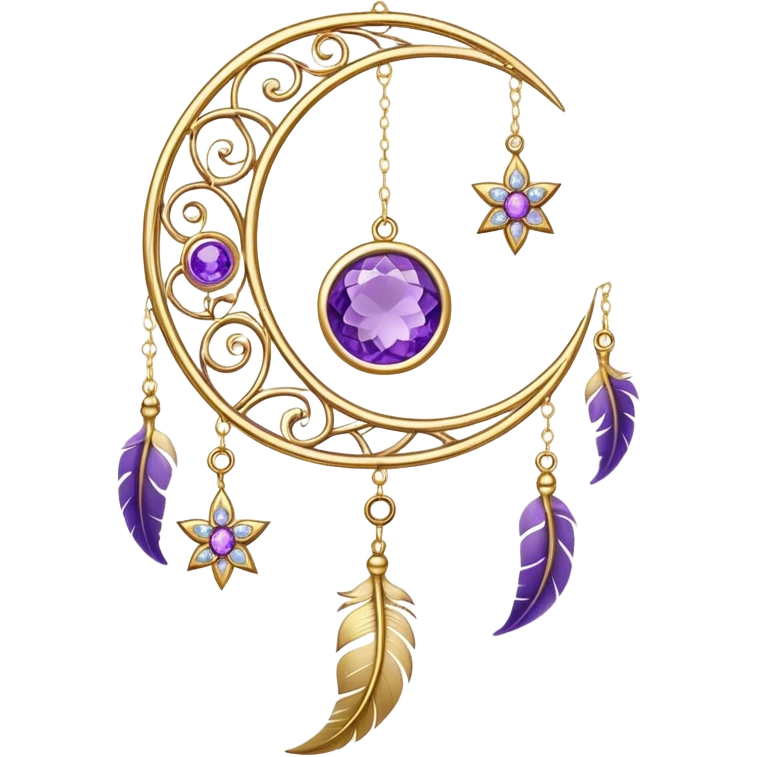 Epic beautiful gorgeous cute gold suncatcher, threads with shiny sparkly amethyst gemstones, flowers, crescents-moons, stars, violet Feather emoji
