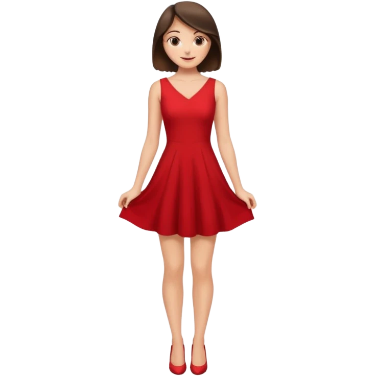 Cartoon emoji of a young brunette woman with fair-medium skin, brown eyes, wearing a red outfit. Full-height, standing confidently in a red dress  posing sexy with a smile and relaxed posture. Smooth, friendly, stylized, make up on, flirty eyes and smile in a sexy position  emoji