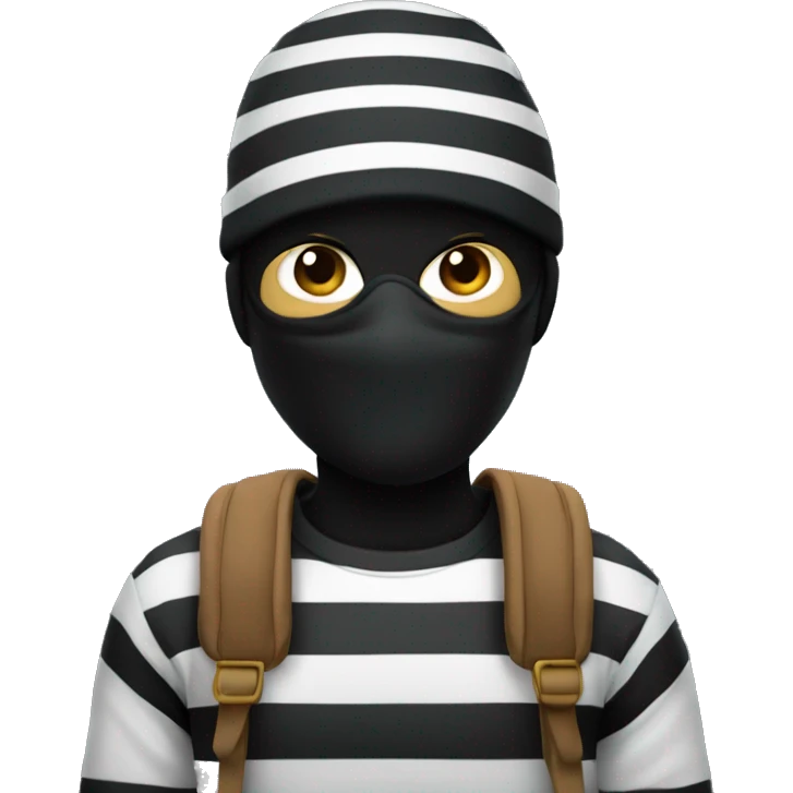 A robber with black and white striped shirt and beanie with a black mask and a bag over his shoulder  emoji
