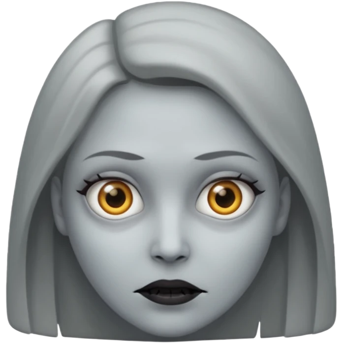 woman with gray skin and white eyes and a creepy face emoji