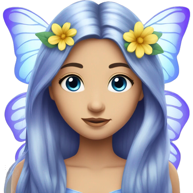 Beautiful, flower, fairy, blue, silver, purple, long hair, big butterfly wings emoji