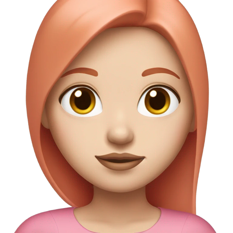 girl with straight short red hair, white skin, big pinky lips, big eyes, calm face, in pink clothes works on macbook emoji