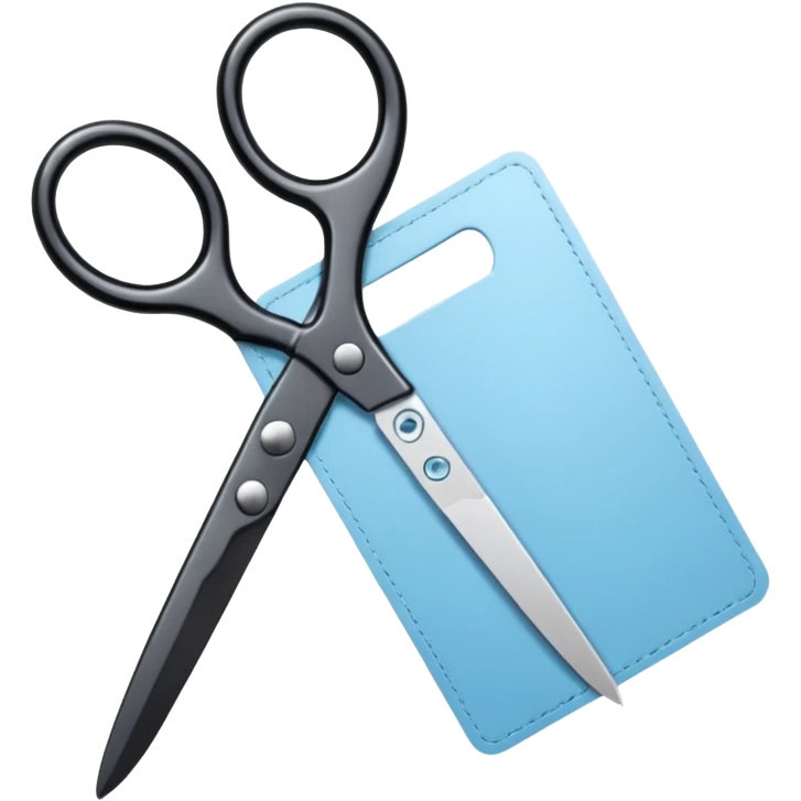 Floating black Scissors cutting a light blue idf ID card in 2 parts .hyper realistic emoji