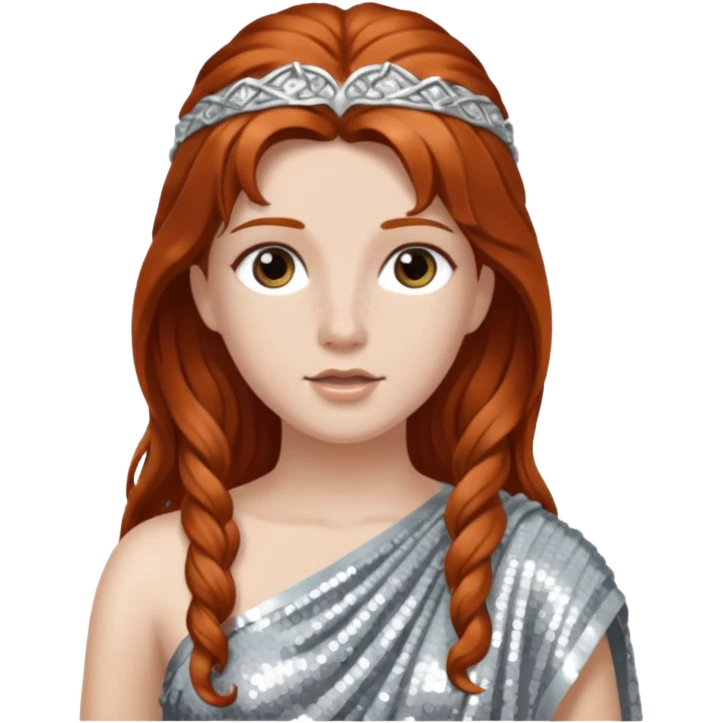 Diana from Roman Deities with long auburn hair, silver sequin toga emoji