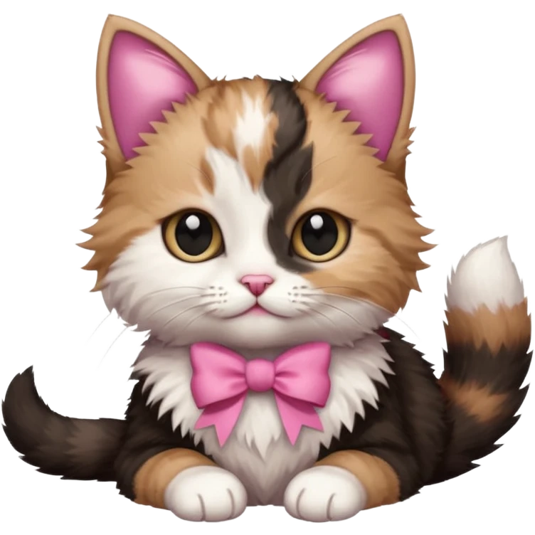 Brown, white, and black fluffy kitten sitting or laying down with a pink bow on her right ear emoji