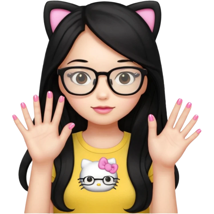Nails cute hello kitty wear glasses black long  hair wear yello shirt emoji